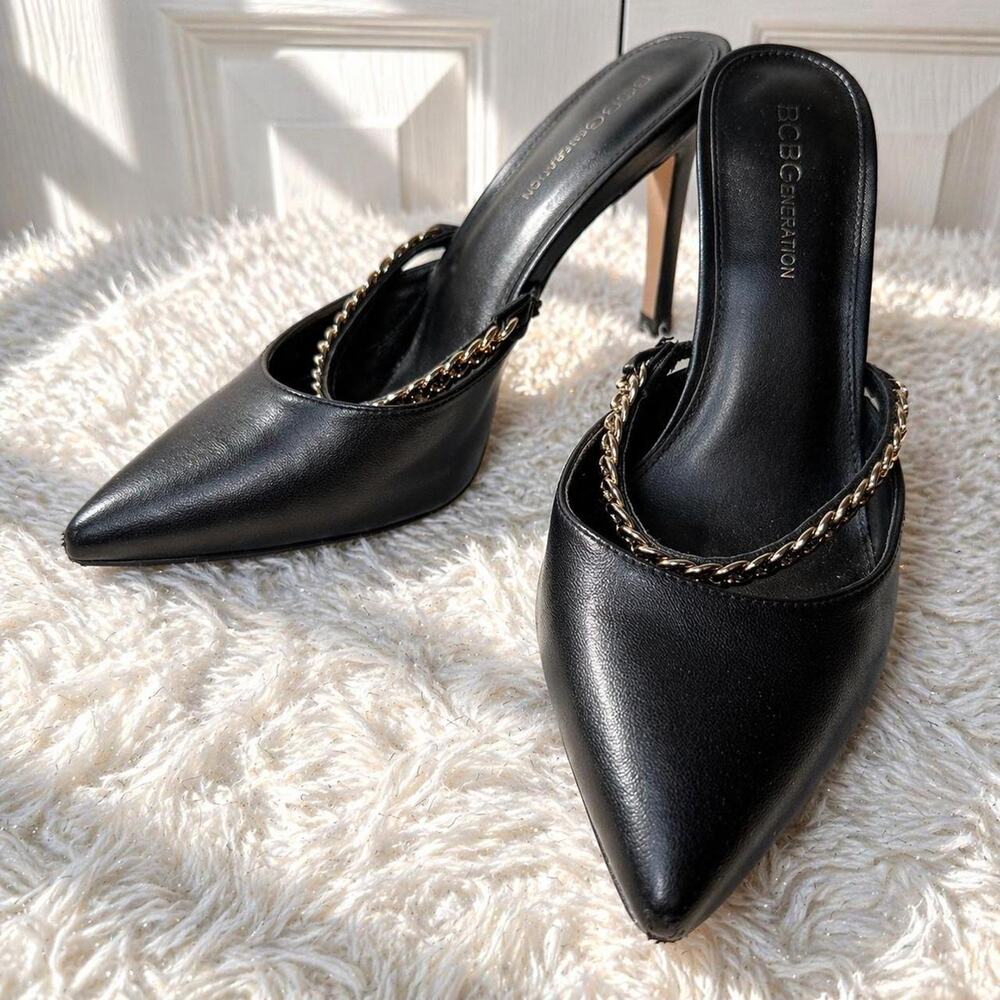 BCBG Y2K Black Pointed Toe Chain Mules  Kitten Heel Slip On Pumps
